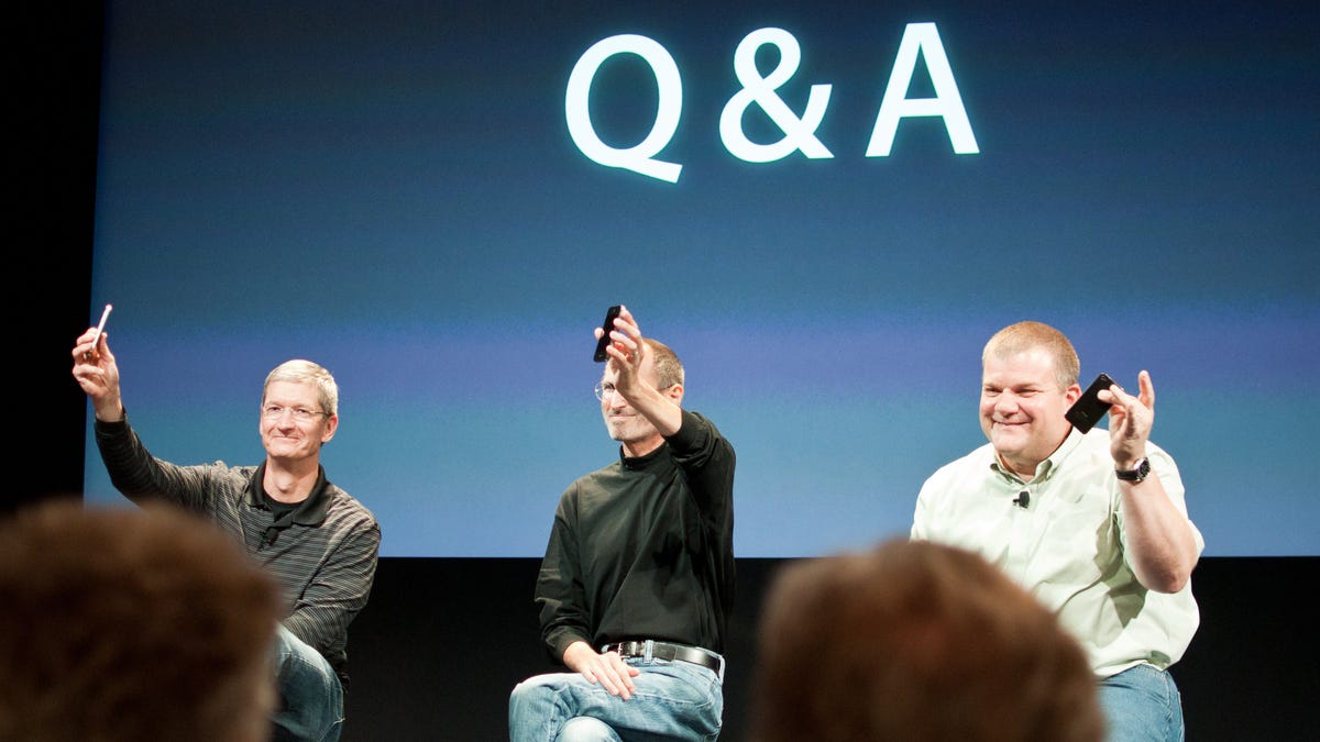 Steve Jobs has increasingly been sharing the stage with Tim Cook at major events. Here the two, plus Bob Mansfield, take questions during a press conference regarding the iPhone 4's antenna.