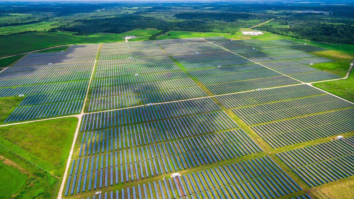 ariel view of a massive solar panel farm in Texas