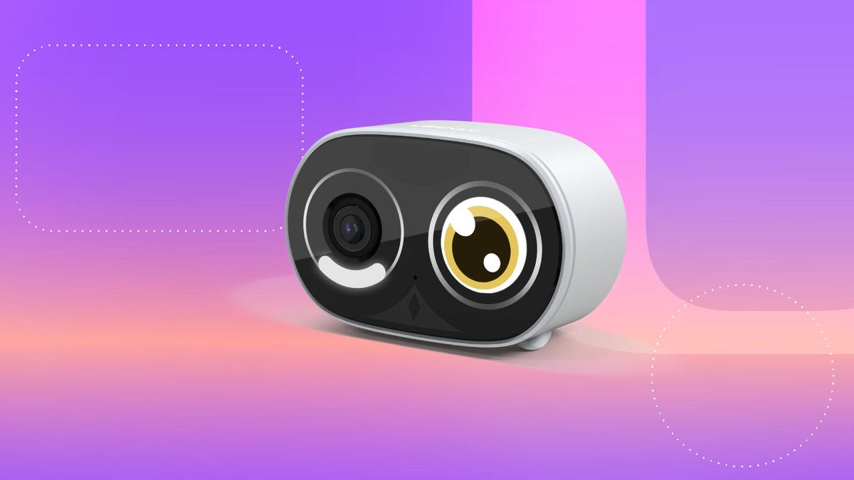 The OwlGuard camera against a violet CNET background.