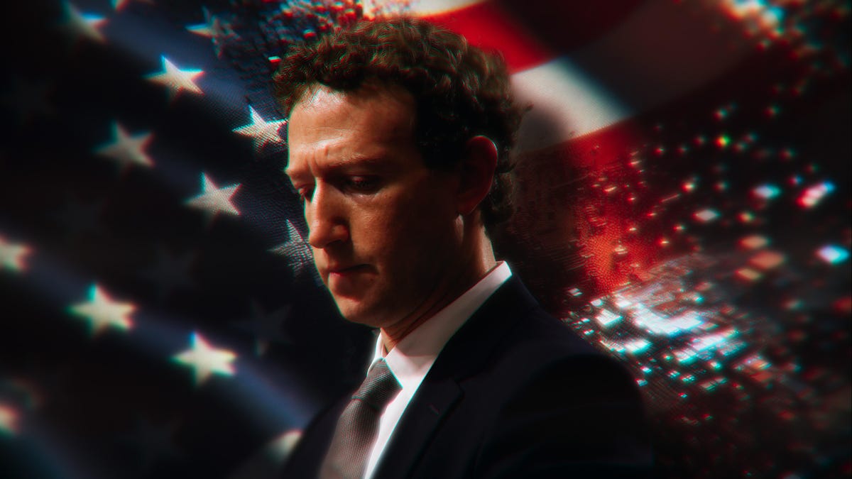 Mark Zuckerberg against a pixelated American Flag