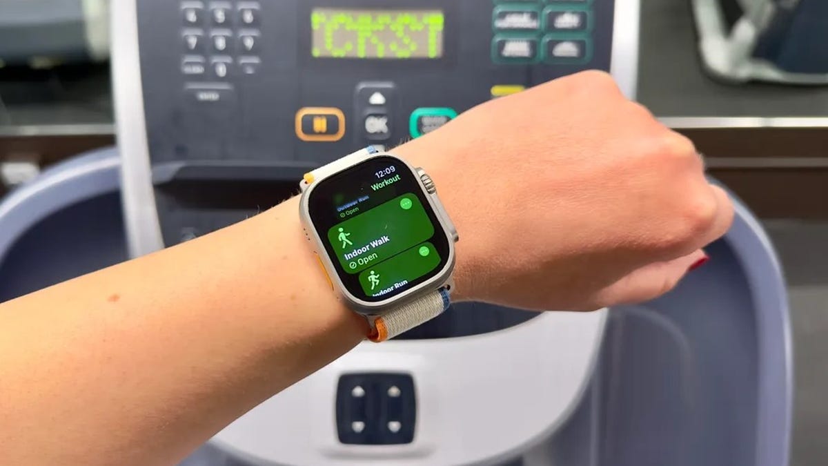 Apple Watch Ultra 2 on a wrist showing workout options