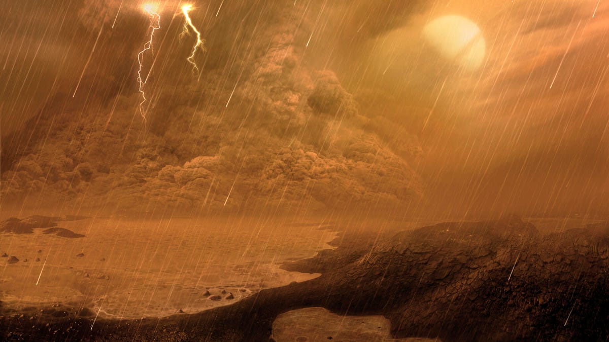 An illustration showing a conceptual dust storm on Saturn's largest moon Titan gettyimages-1088373696