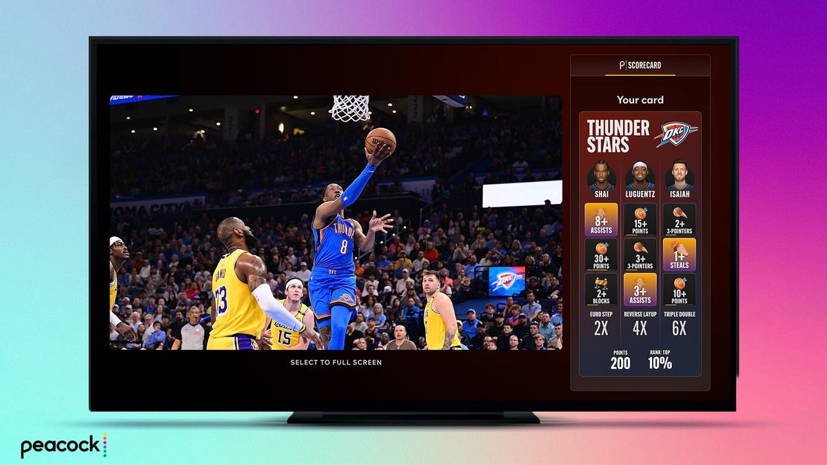 nba player throws ball in hoop on TV screen via Peacock streaming service with score card