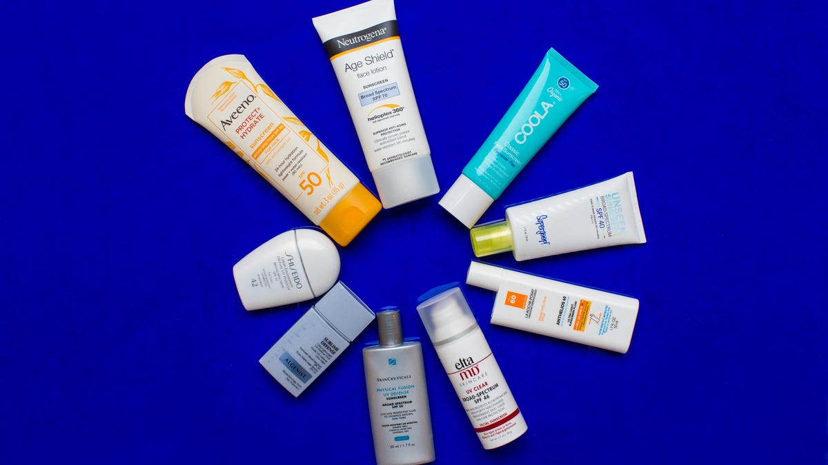 Several types of sunscreen arranged as spokes of a sunlike shape