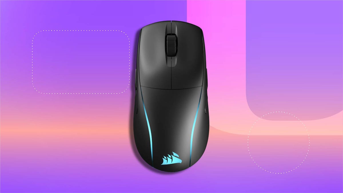 Black lightweight wireless RGB gaming mouse with ambidextrous design, side buttons, and scroll wheel, built for FPS gaming and everyday PC use on CNET background.
