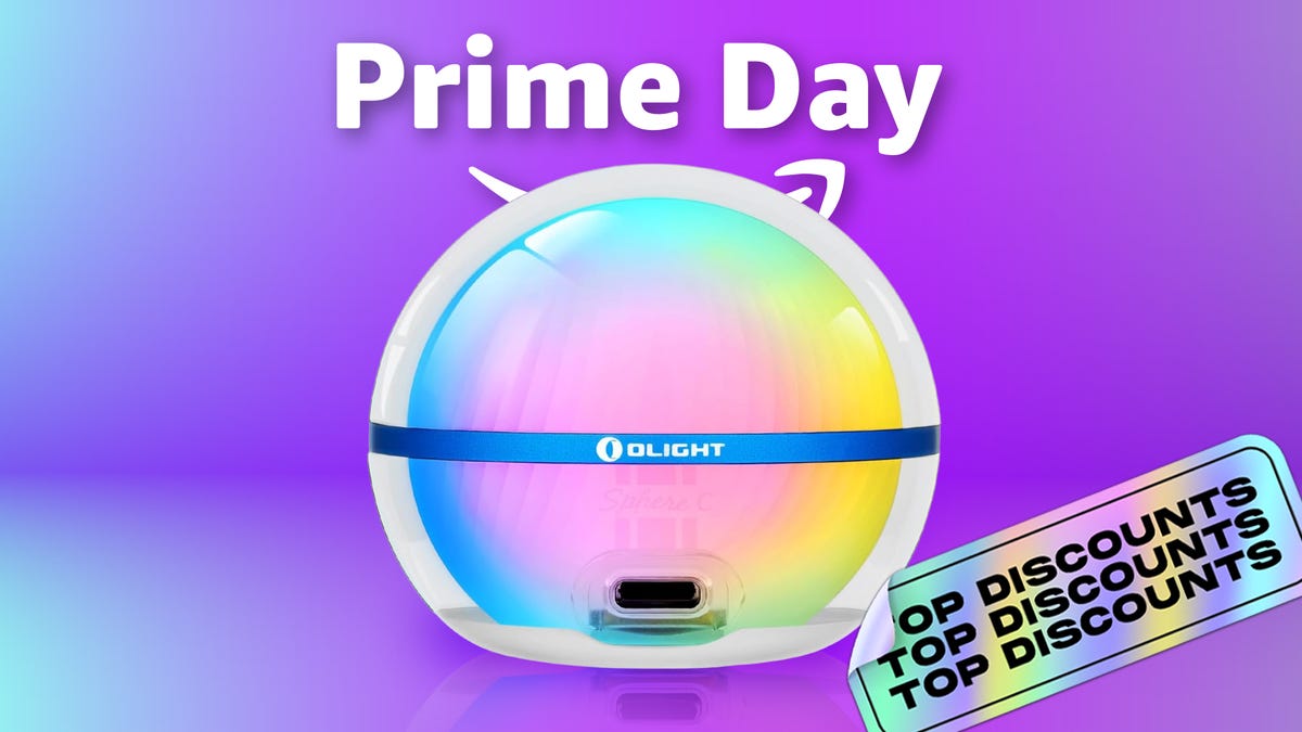 Olight sphere smart light and phone showing controls displayed against a swirling purple and yellow-green background