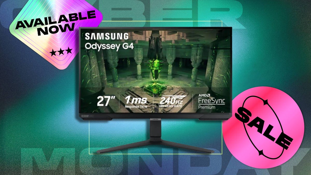 Samsung Odyssey G4 27-inch gaming monitor displaying sci-fi game scene, with specs listed: 1ms response time, 240Hz refresh rate, AMD FreeSync Premium. Set against teal-purple gradient background with faint ‘Cyber Monday’ text. Includes ‘Available Now’ badge with stars and ‘Sale’ label.