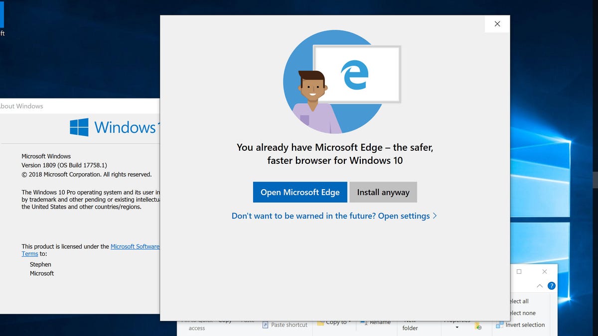 A Windows 10 test version tries to steer people away from other web browsers and toward Microsoft's own Edge.