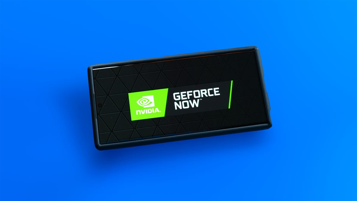 Nvidia GeForce Now logo on the screen of a Samsung Galaxy S22 Ultra phone