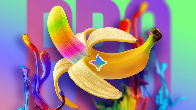 rainbow colored peeled banana with a gemini logo sticker against a colorful gradient backdrop with paint splatter