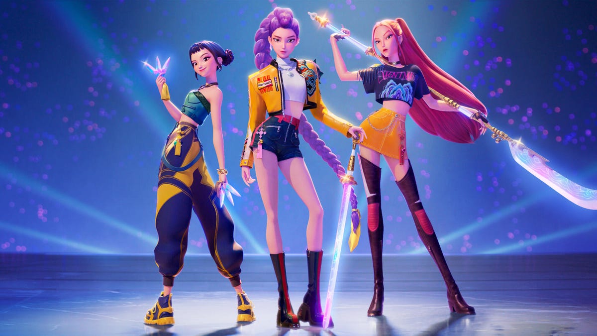 Three animated KPop singers stand with weapons drawn