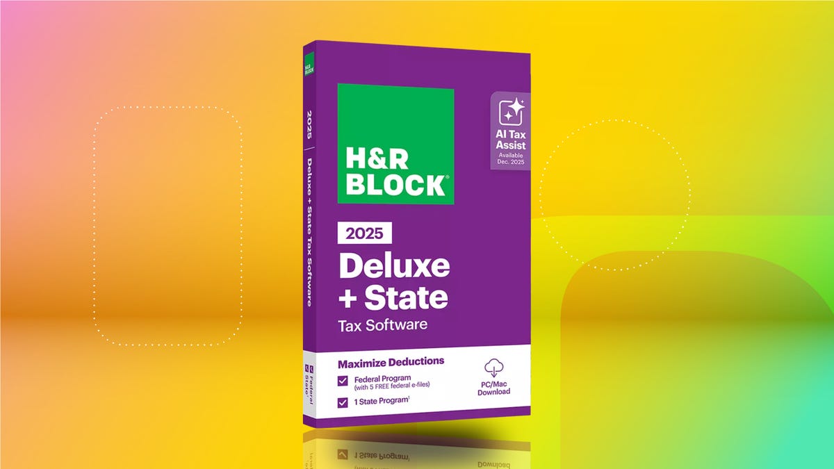 H&R Block 2025 Deluxe + State Tax Software box on orange and yellow CNET background