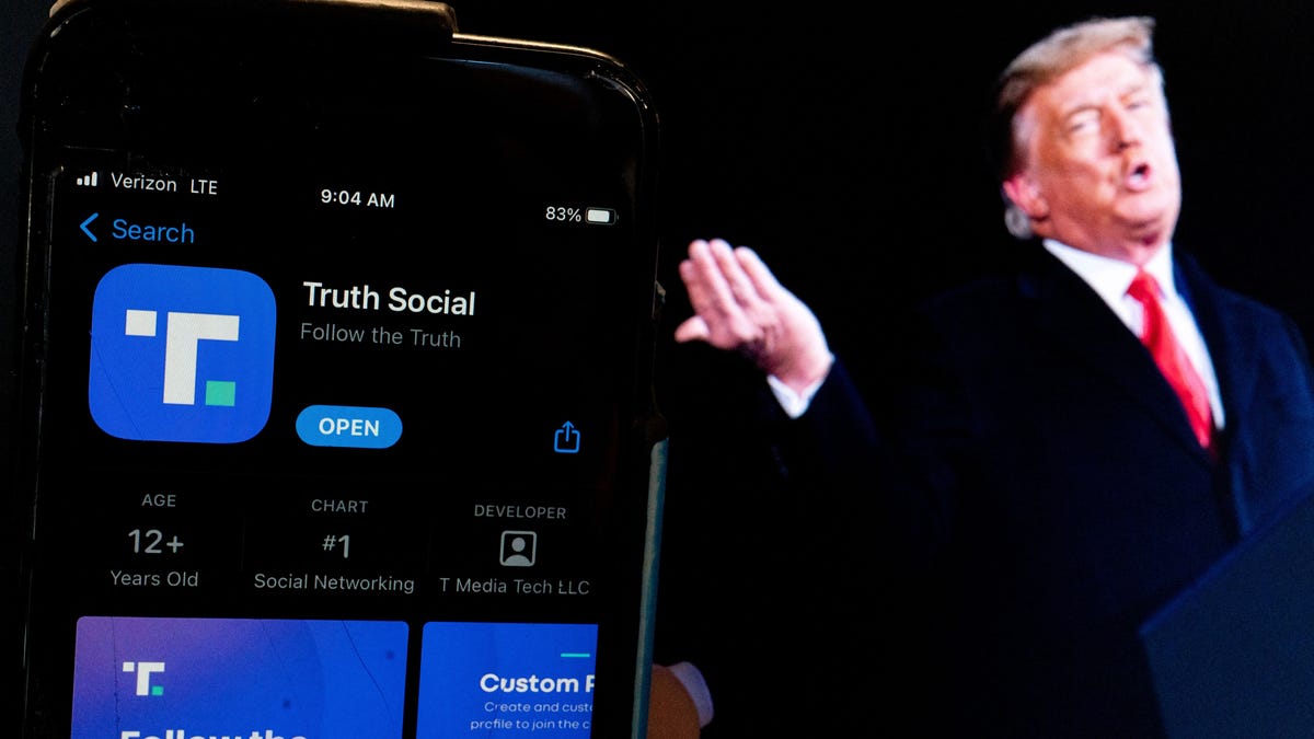 Photo illustration of Donald Trump and a phone screen showing his Truth Social app