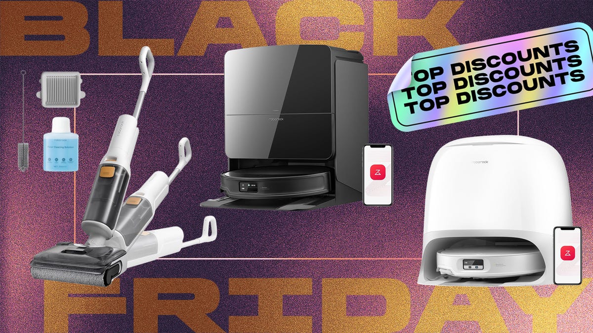 Roborock's vacuums and mops on a Black Friday background