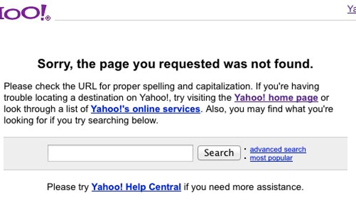 The error message displayed on Yahoo's Mail site.