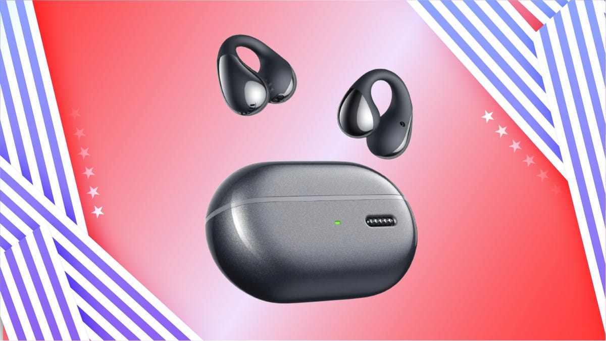 Black Soundpeats earbuds with black case. Backgrond: white and blue stripes on right/left borders, red and white gradient.