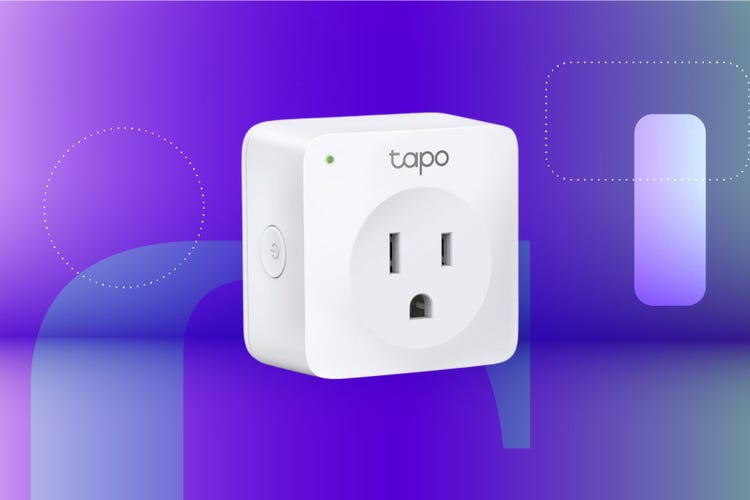 A mini Tapo smart plug against a blue CNET background.