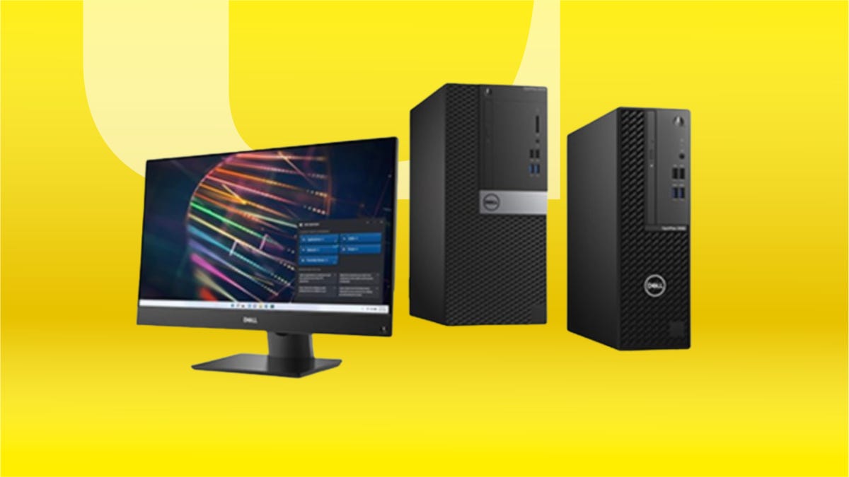 From left: black Dell monitor and black desktops against yellow CNET background.