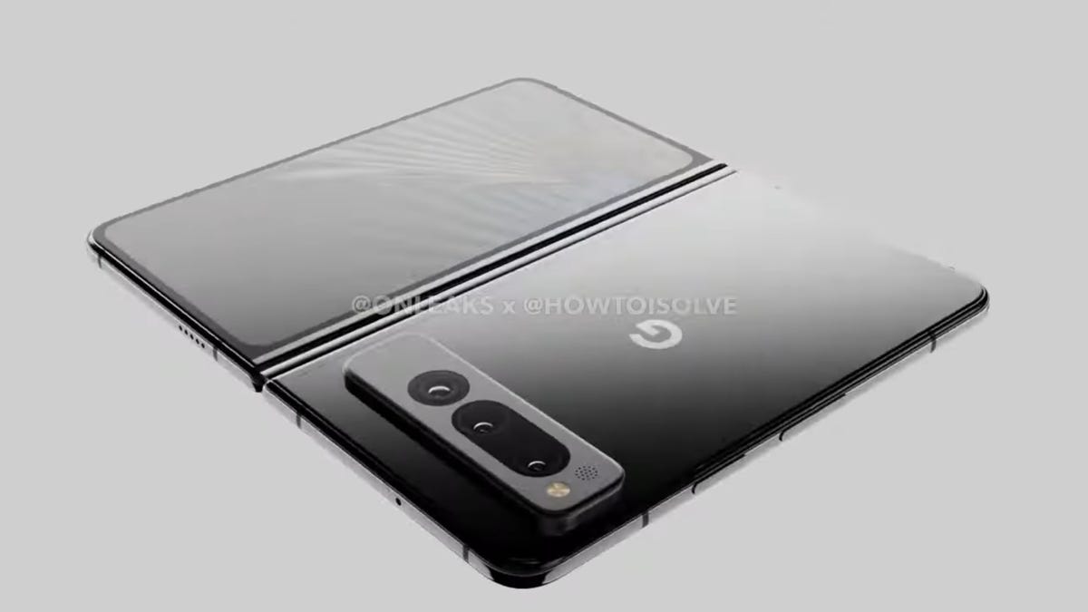 A render of the Pixel Fold, unfolded flat and seen from the back -- one side an outer display, the other a flat back with camera bump and Google 'G' logo.