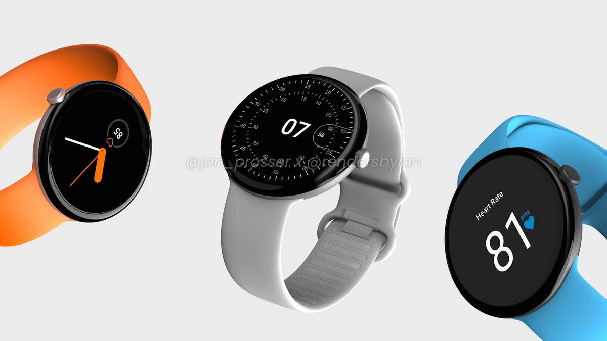 Rendering of three examples of the rumored Google Pixel Watch with different band colors