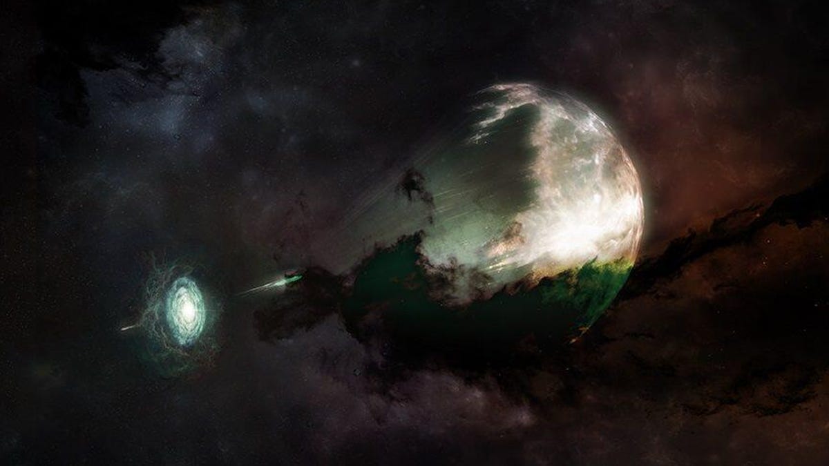 An illustration depicting GRB21106A. The event itself is seen as a white jet in the center of the frame, stemming from the merger seen as a pale blue lighted disk on the bottom left, and the shockwave afterglow is seen as a larger, semi-circular lit-up region toward the middle right.