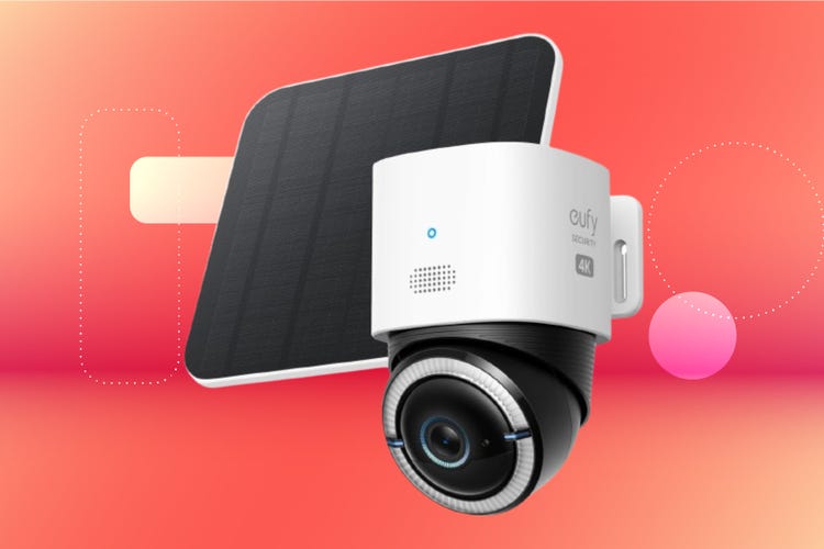 A eufy 4G LTE Cam S330 against a CNET background.