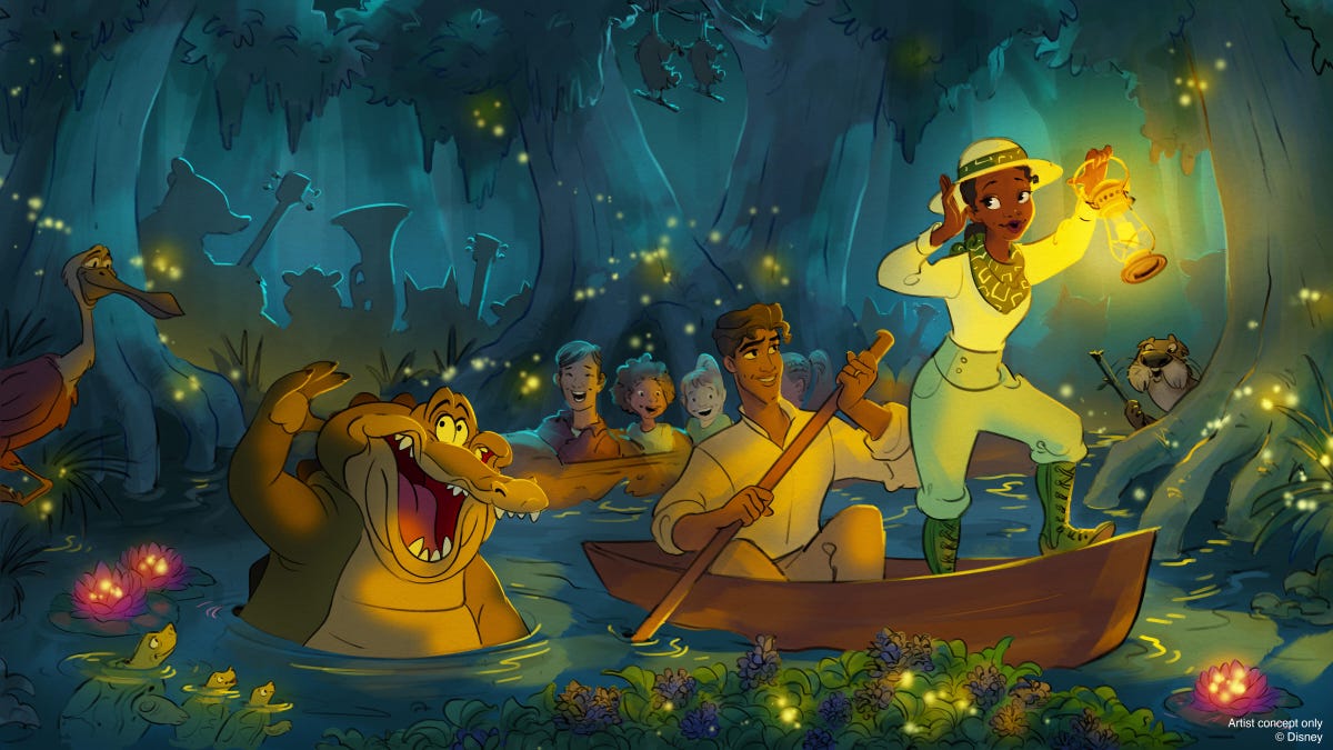 Disney's concept art for Tiana's Bayou Adventure