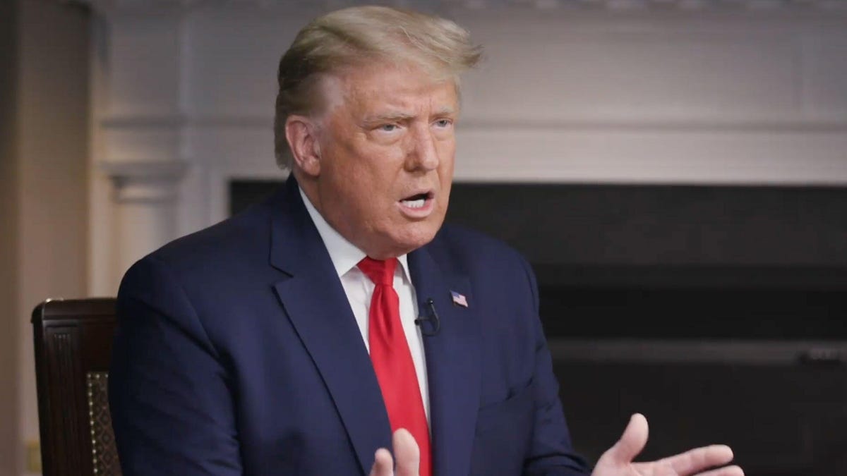 President Donald Trump speaks during a 60 Minutes interview recorded and published by the White House.
