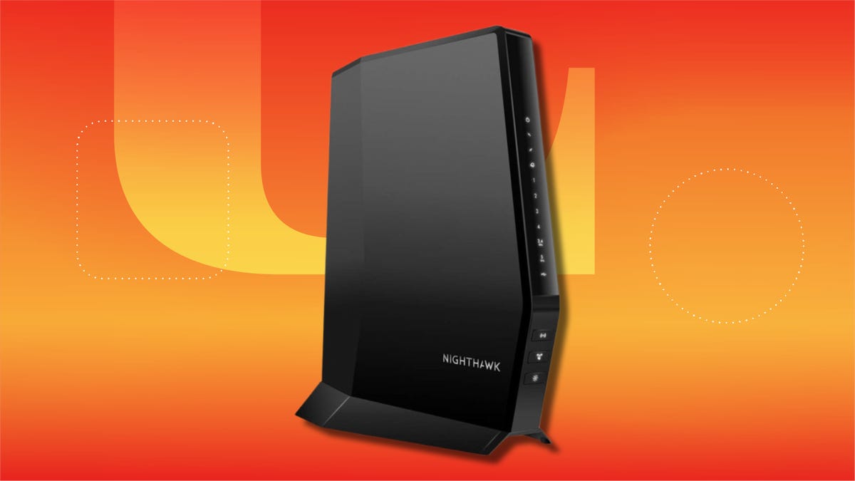 Netgear router against CNET's orange commerce background.