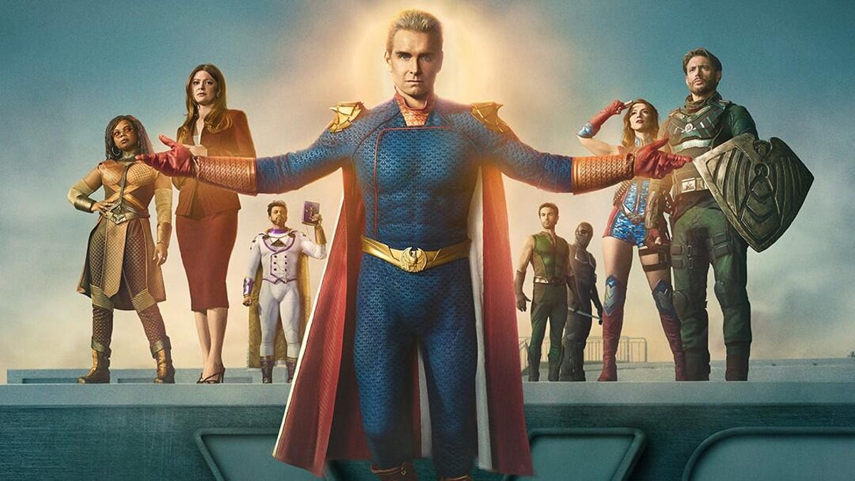 Key art for the final season of The Boys featuring a group of supes with Homelander in front of a bright sun, with arms outstretched.