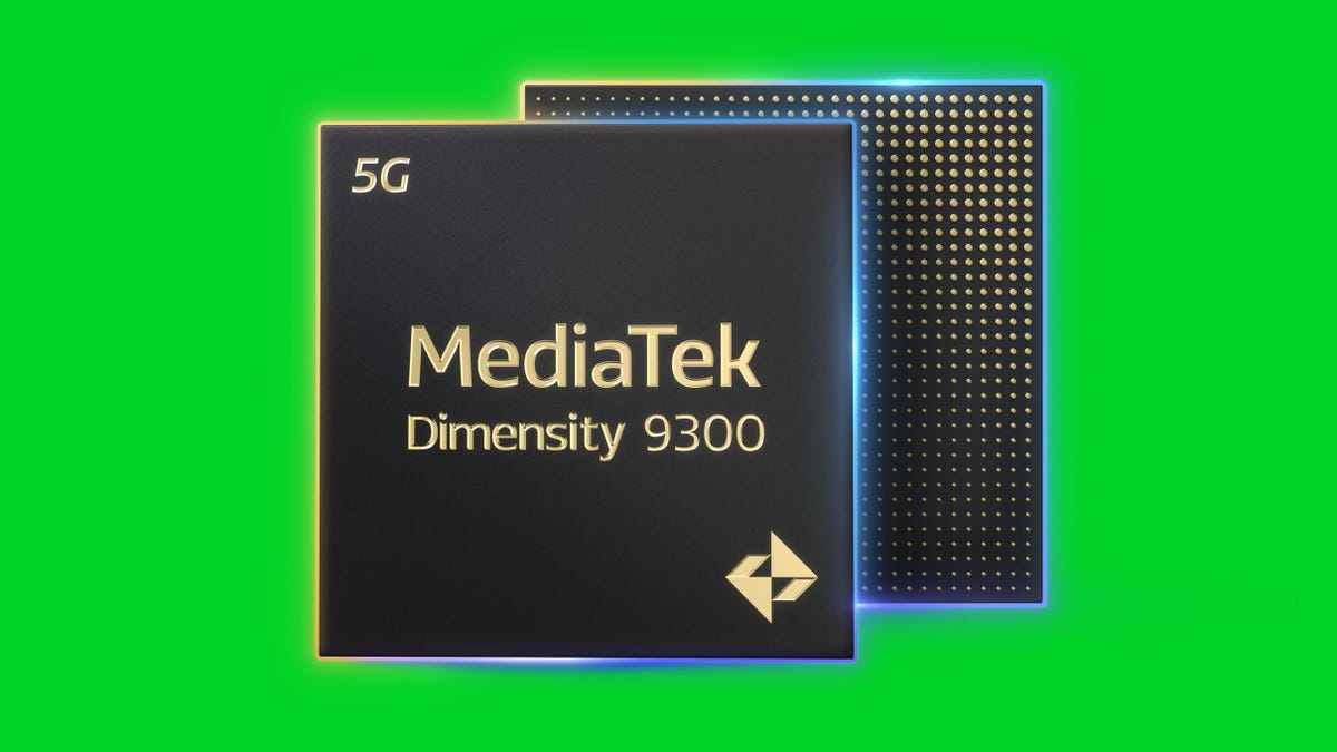 A mock up of a chip with "MediaTek Dimensity 9300" printed on the front.