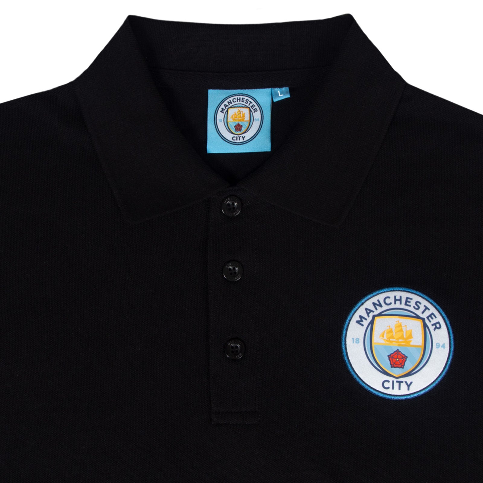 Man City adults polo shirt in black with club crest to the chest.