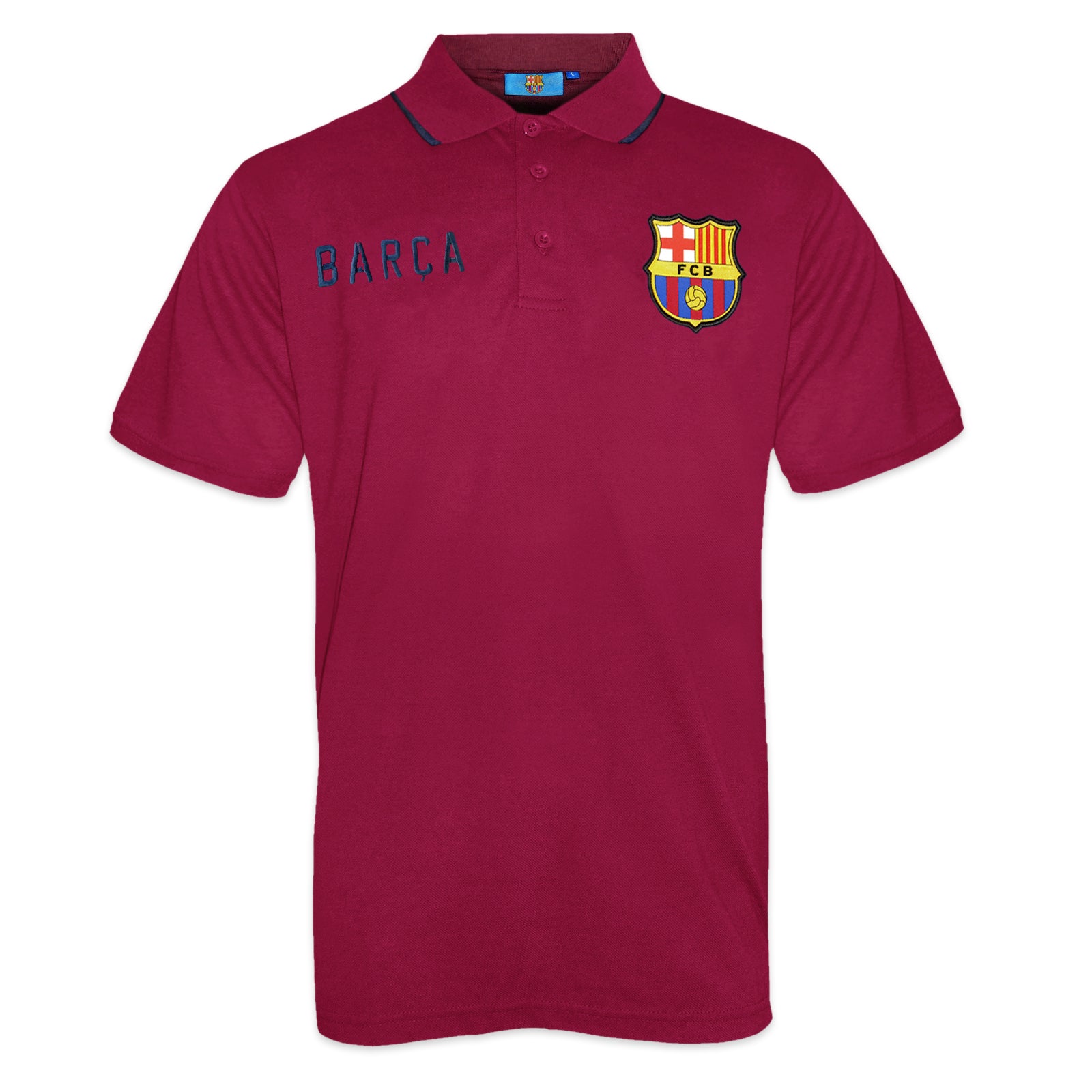 FC Barcelona adults polo shirt in navy blue with FCB logo and 3D Barca text to chest