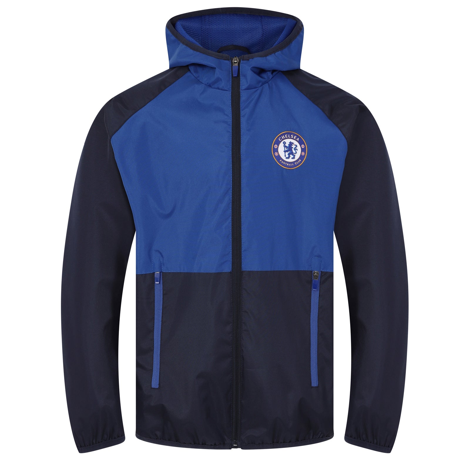 Chelsea kids shower jacket in navy blue with club crest to chest.
