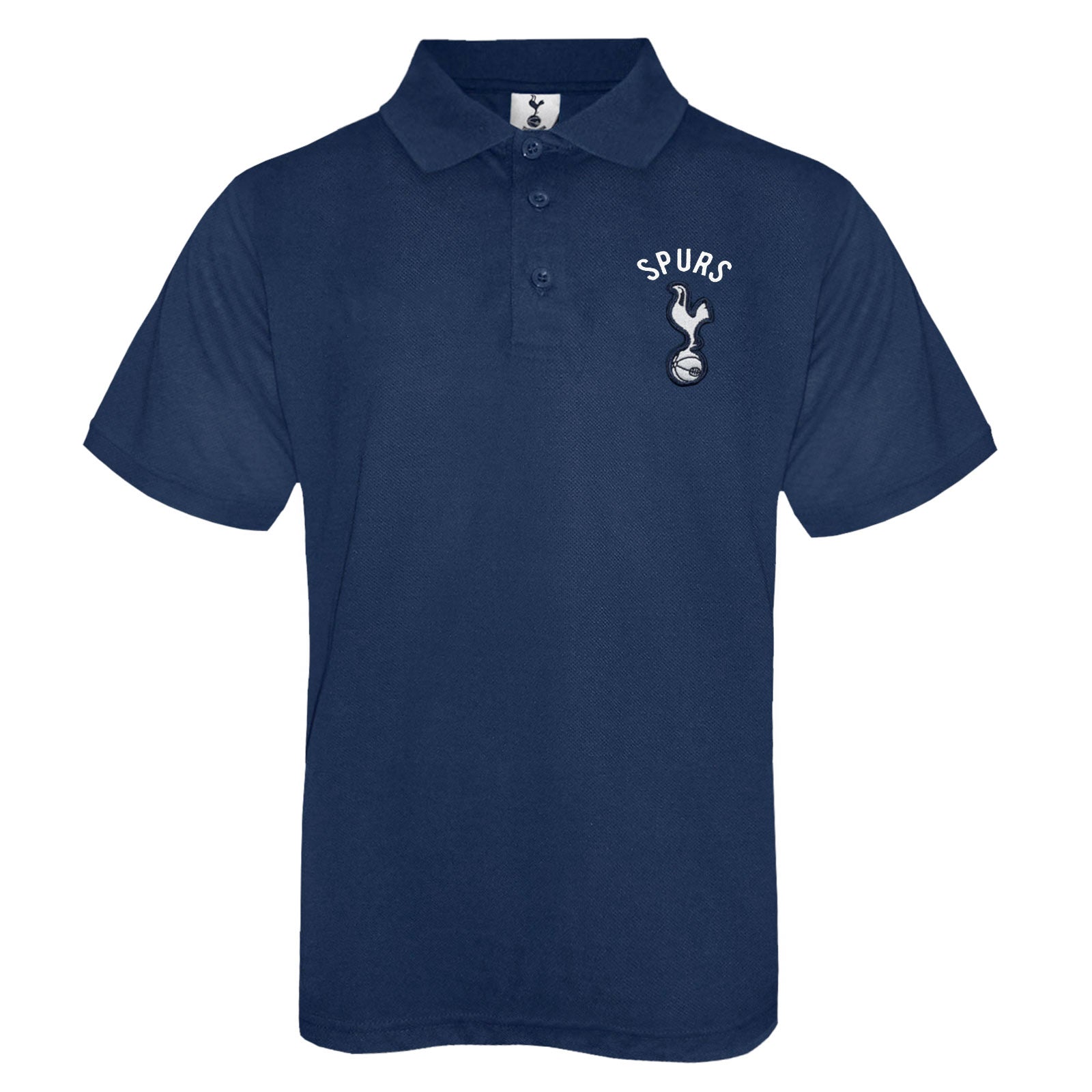 Spurs kids polo shirt in navy blue with Spurs badge and text to chest.