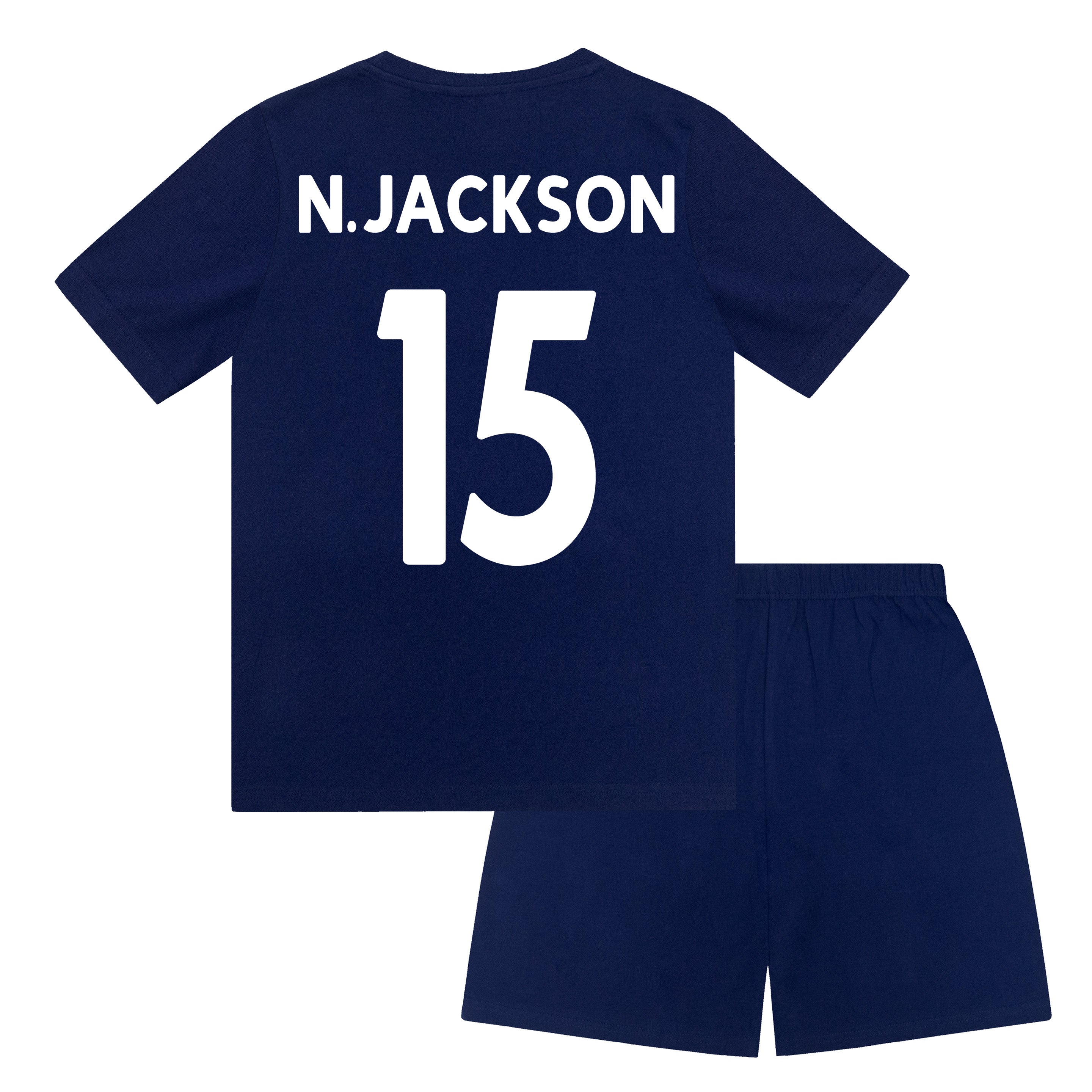 Chelsea kids pyjamas in blue. Short sleeve top with Chelsea branded graphic and shorts with CFC logo to the left leg