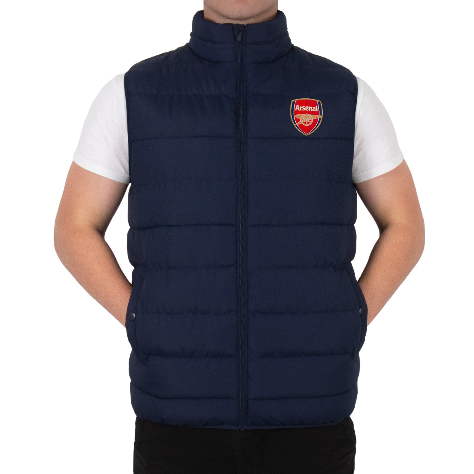 Arsenal adults gilet in navy blue with club crest to chest.