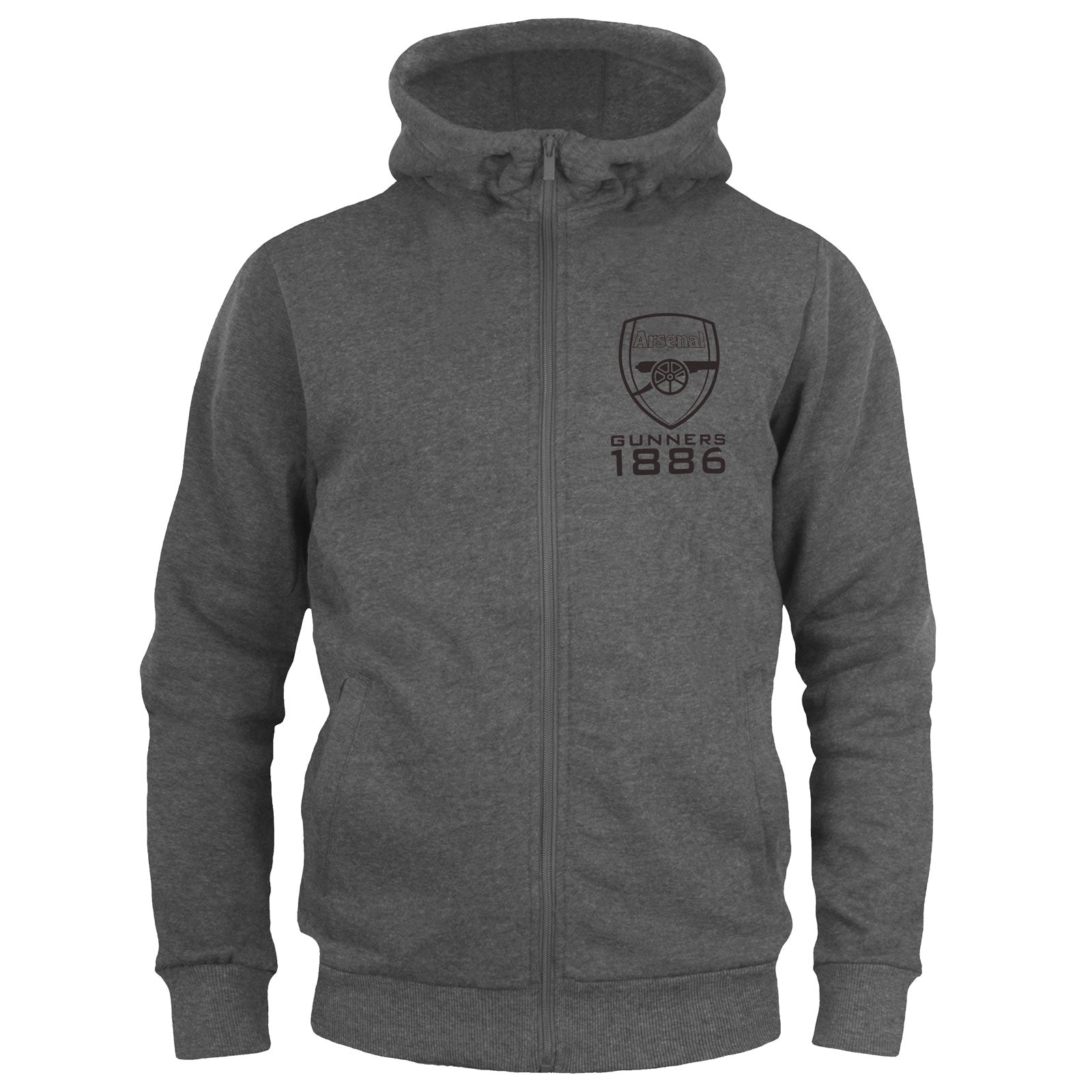 Arsenal kids zip hoodie in grey with the club crest and AFC 1886 text on the left chest.