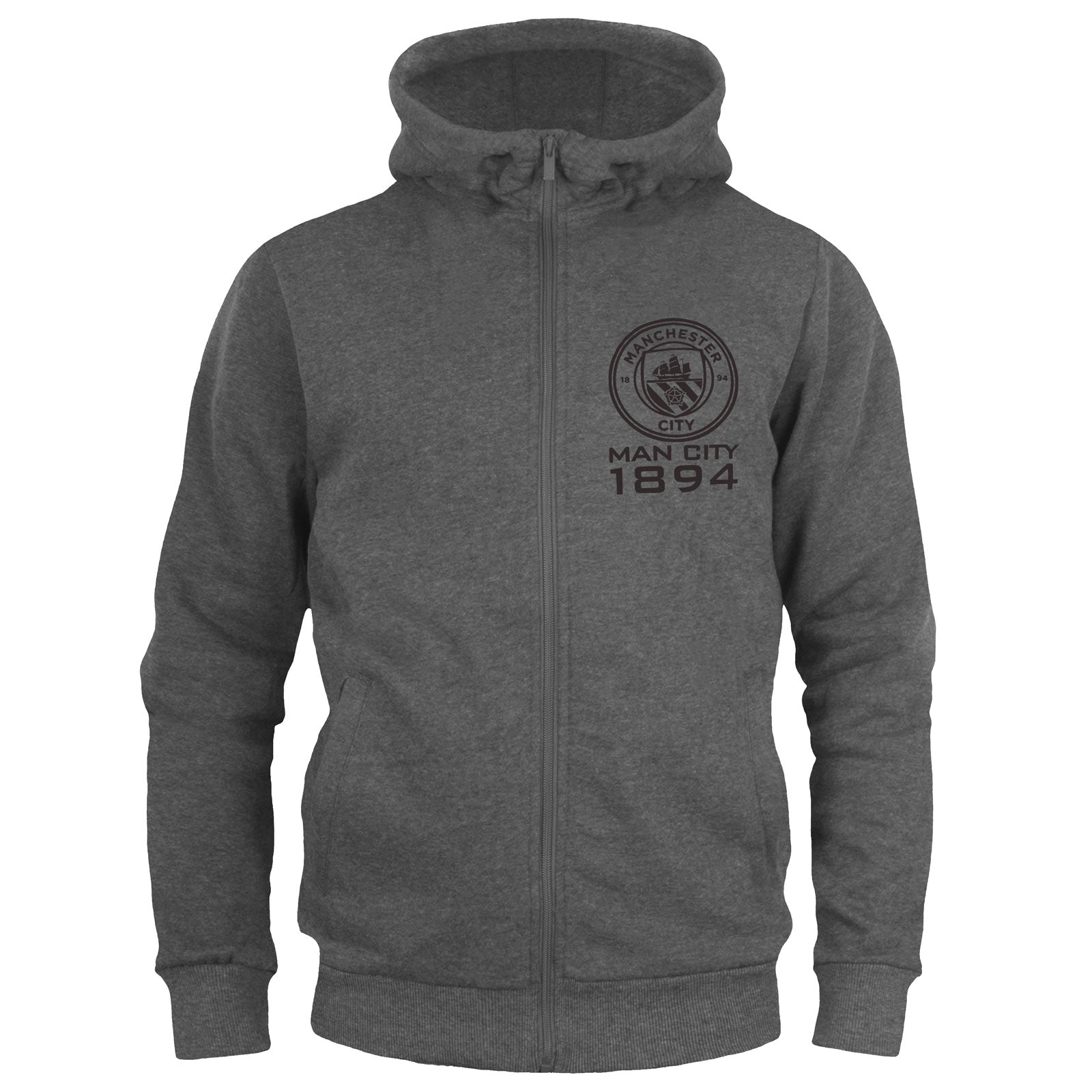 Man City kids zip hoodie in grey with club crest on the left chest.