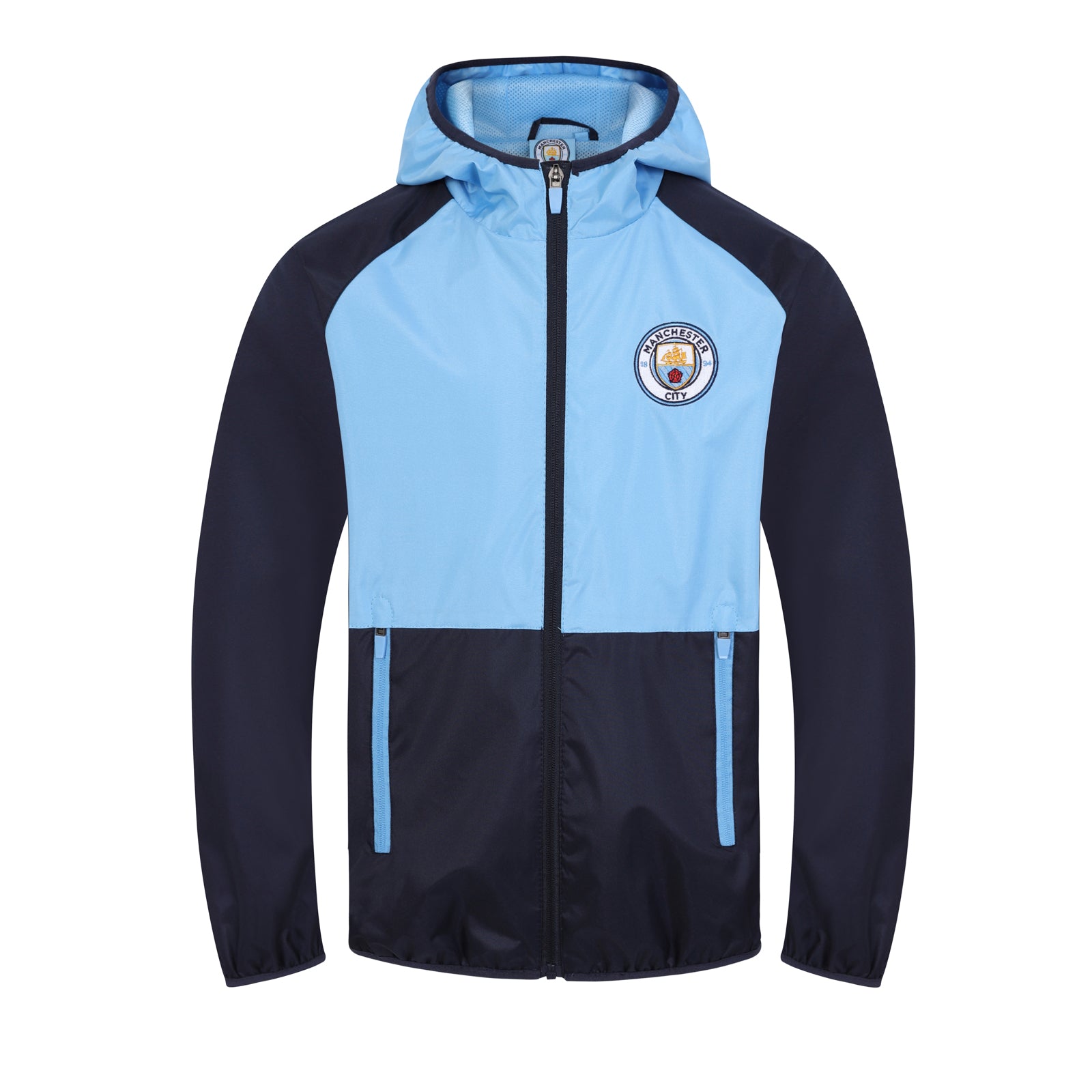 Man City adults shower jacket in navy & sky blue with club crest to chest.