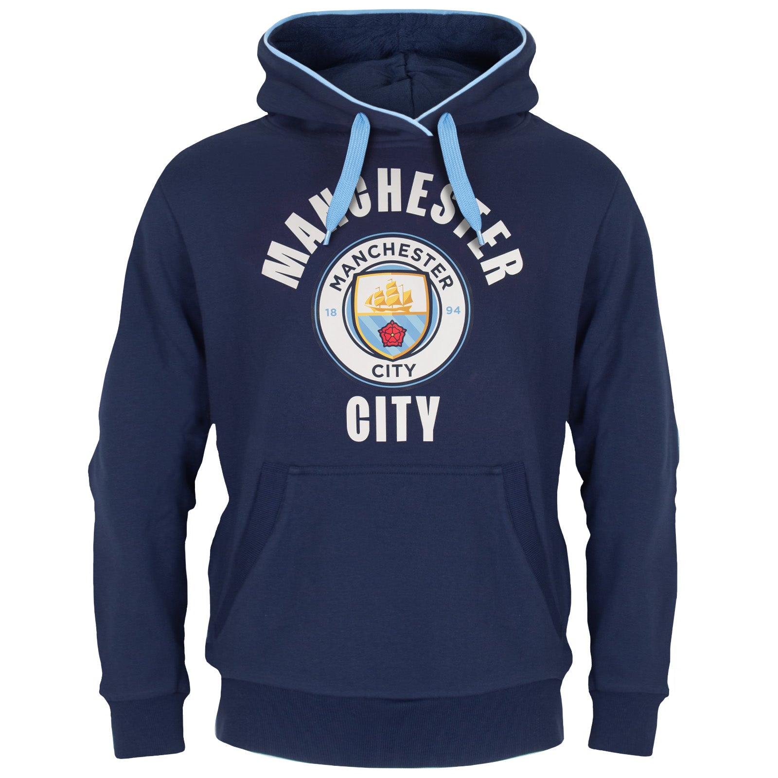 Man City adults graphic hoodie in navy with MCFC club crest to the centre of the body.