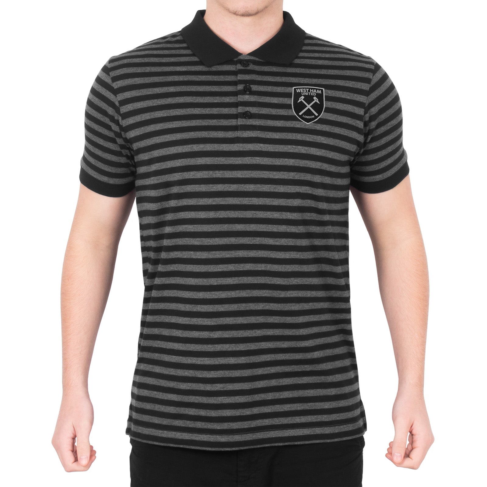 West Ham adults striped polo shirt in black & grey with club crest to chest.
