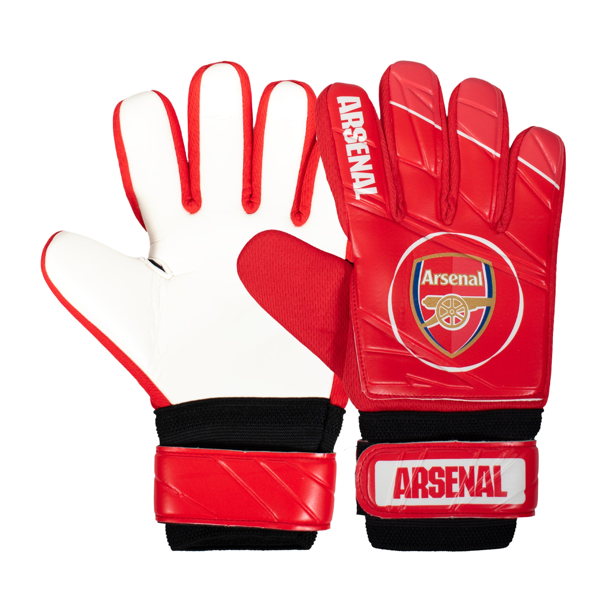 Arsenal red goalkeeper gloves with AFC crest & text print to each glove.