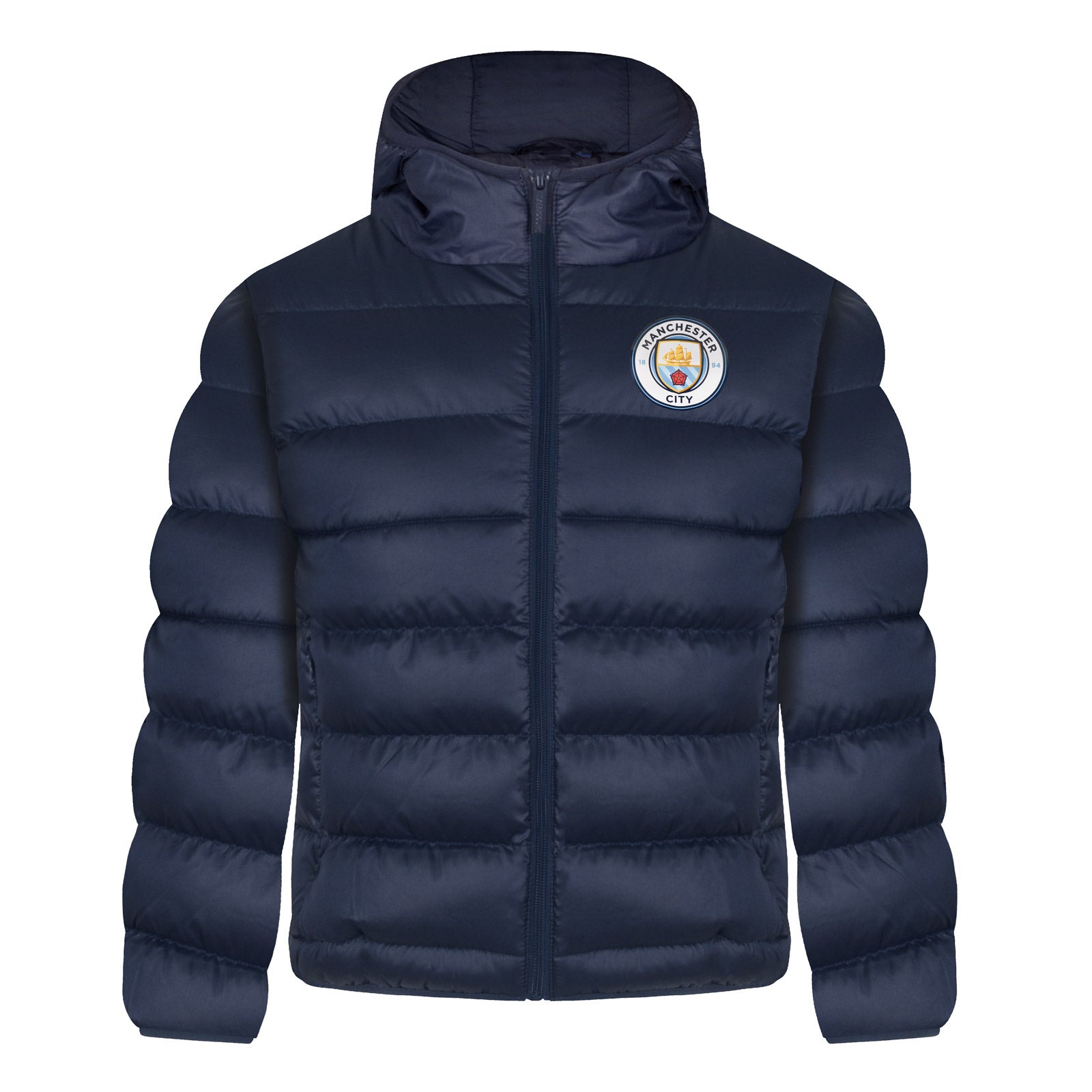 Man City kids quilted jacket in navy blue with club crest to chest.