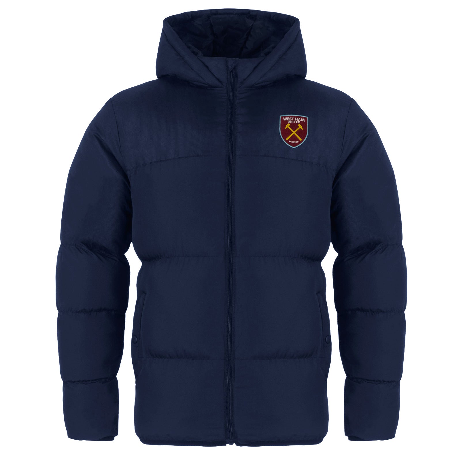 West Ham adults quilted jacket in navy with club crest to chest.