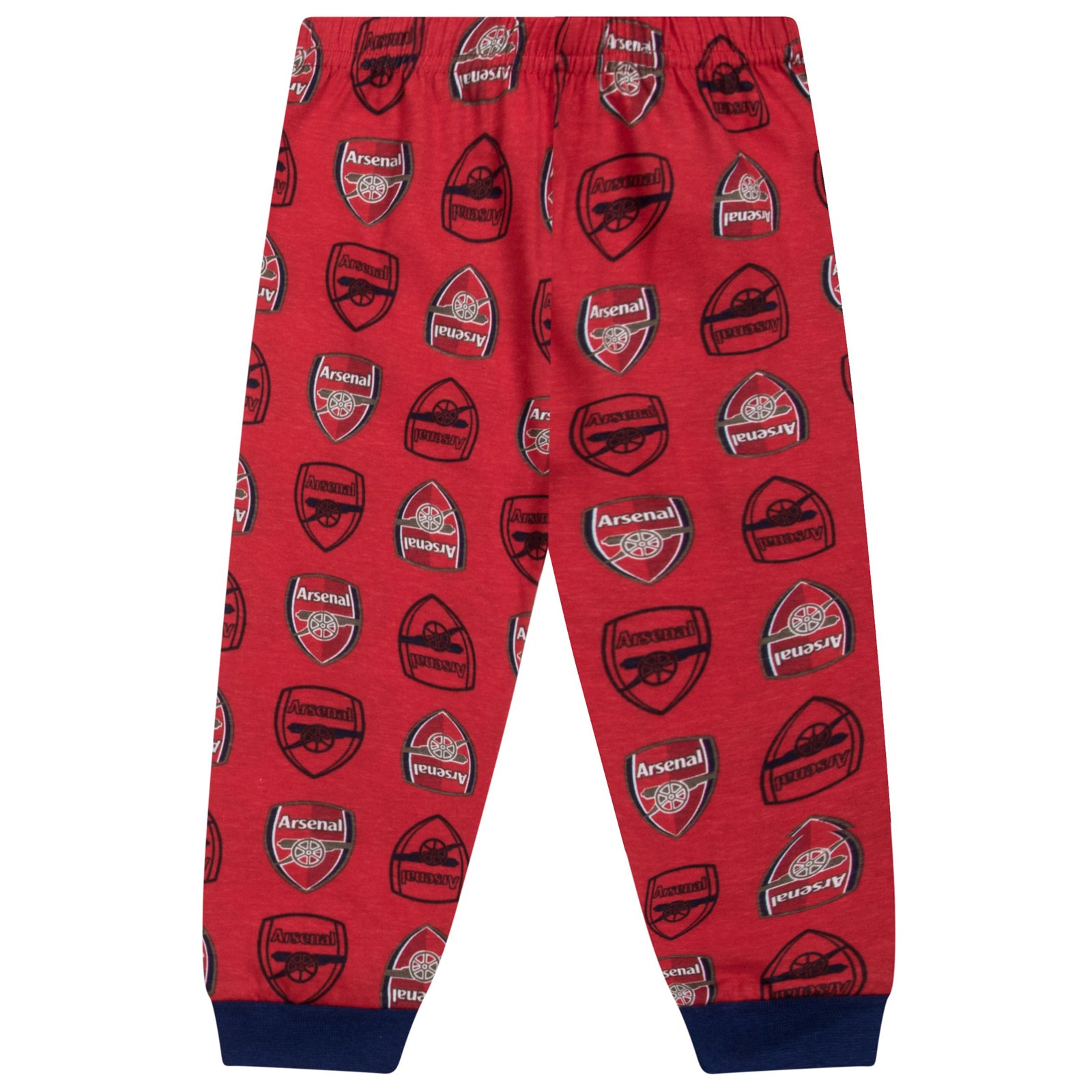 Arsenal baby pyjamas in red. Long sleeve pyjama top with crest & text print and bottoms with all over club crest