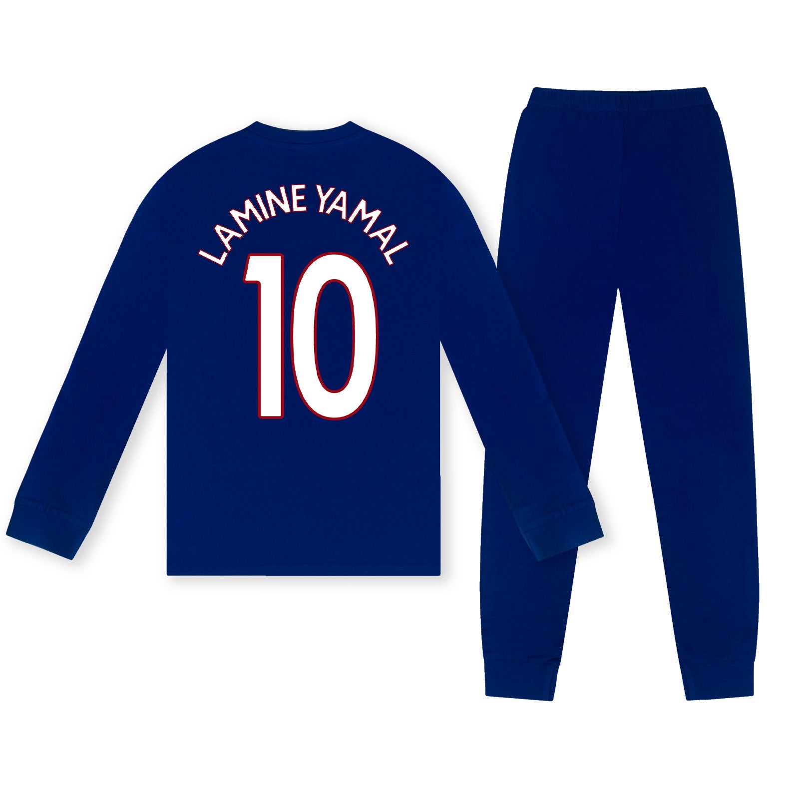 FC Barcelona kids long pyjamas in reflex blue. Long sleeve top featuring the club crest. Long legged bottoms with the club crest and Barca Text.