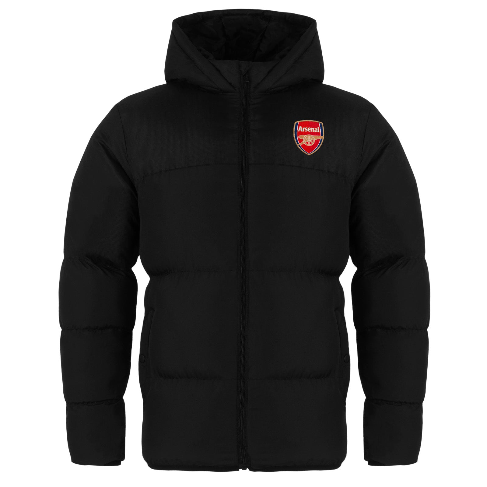Arsenal kids quilted jacket winter coat in black with club crest to chest.