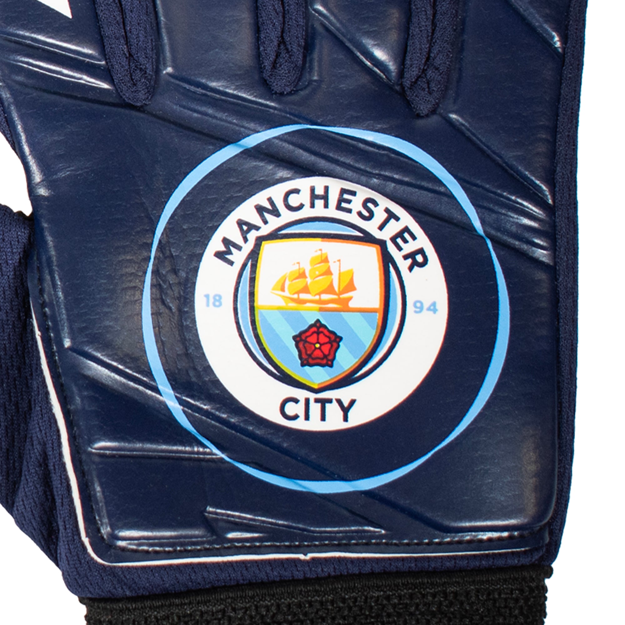 Man City blue goalkeeper gloves with MCFC crest & text print to each glove