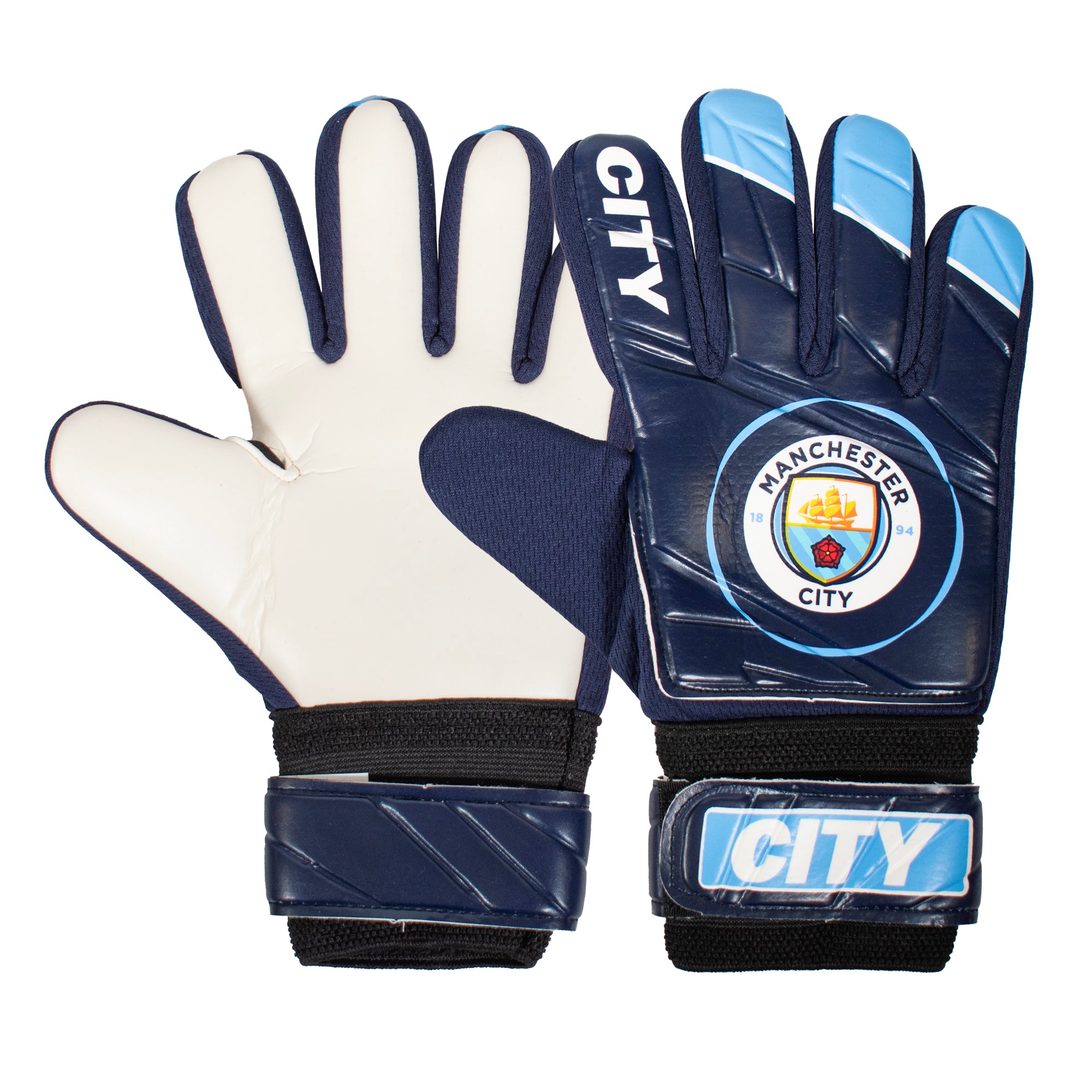 Man City blue goalkeeper gloves with MCFC crest & text print to each glove